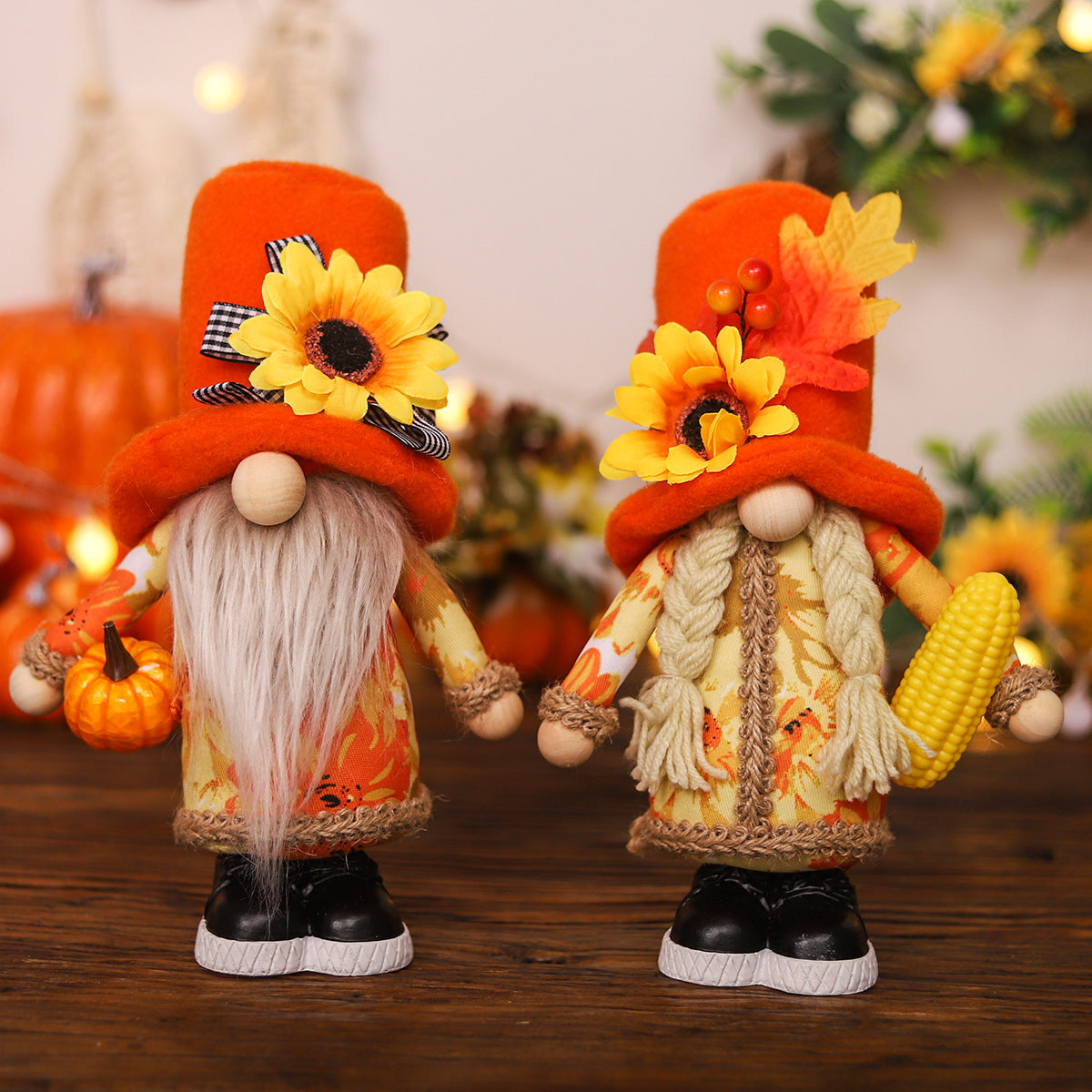 Harvest Season Maple Leaf Couple Decoration Holding Pumpkin Doll