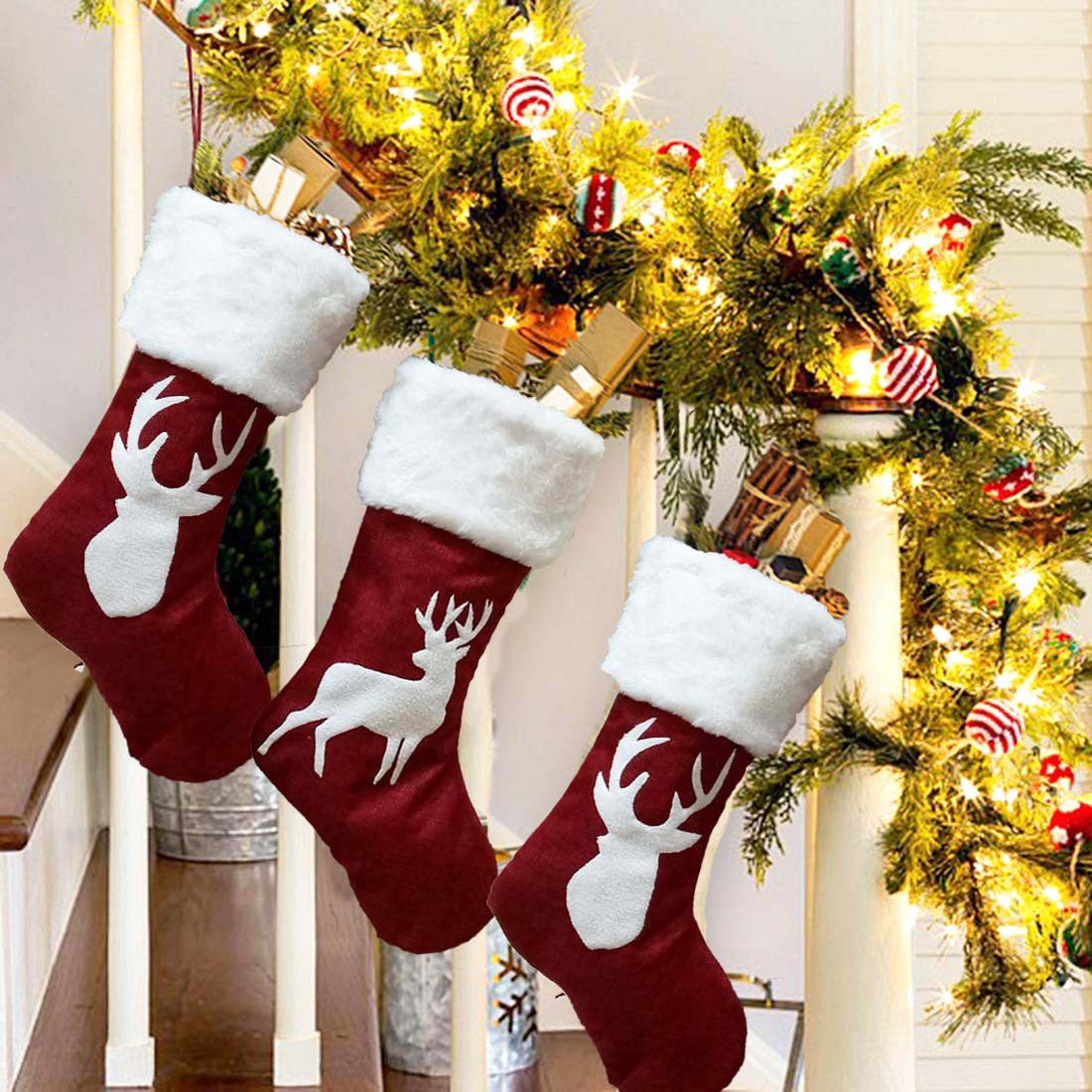 Christmas Stockings Gift Bag Red Hemp Elk Embroidery Christmas Stockings Gift Pendant, christmas stockings, christmas stocking gift bag, 
