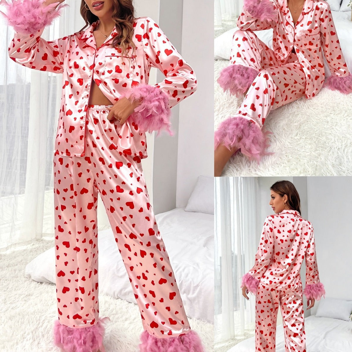 Women's Clothing Valentine's Day Sweet Loving Heart Printed Casual Suit Pajamas, Valentine's Day decor, Romantic home accents, Heart-themed decorations, Cupid-inspired ornaments, Love-themed party supplies, Red and pink decor, Valentine's Day table settings, Romantic ambiance accessories, Heart-shaped embellishments, Valentine's Day home embellishments