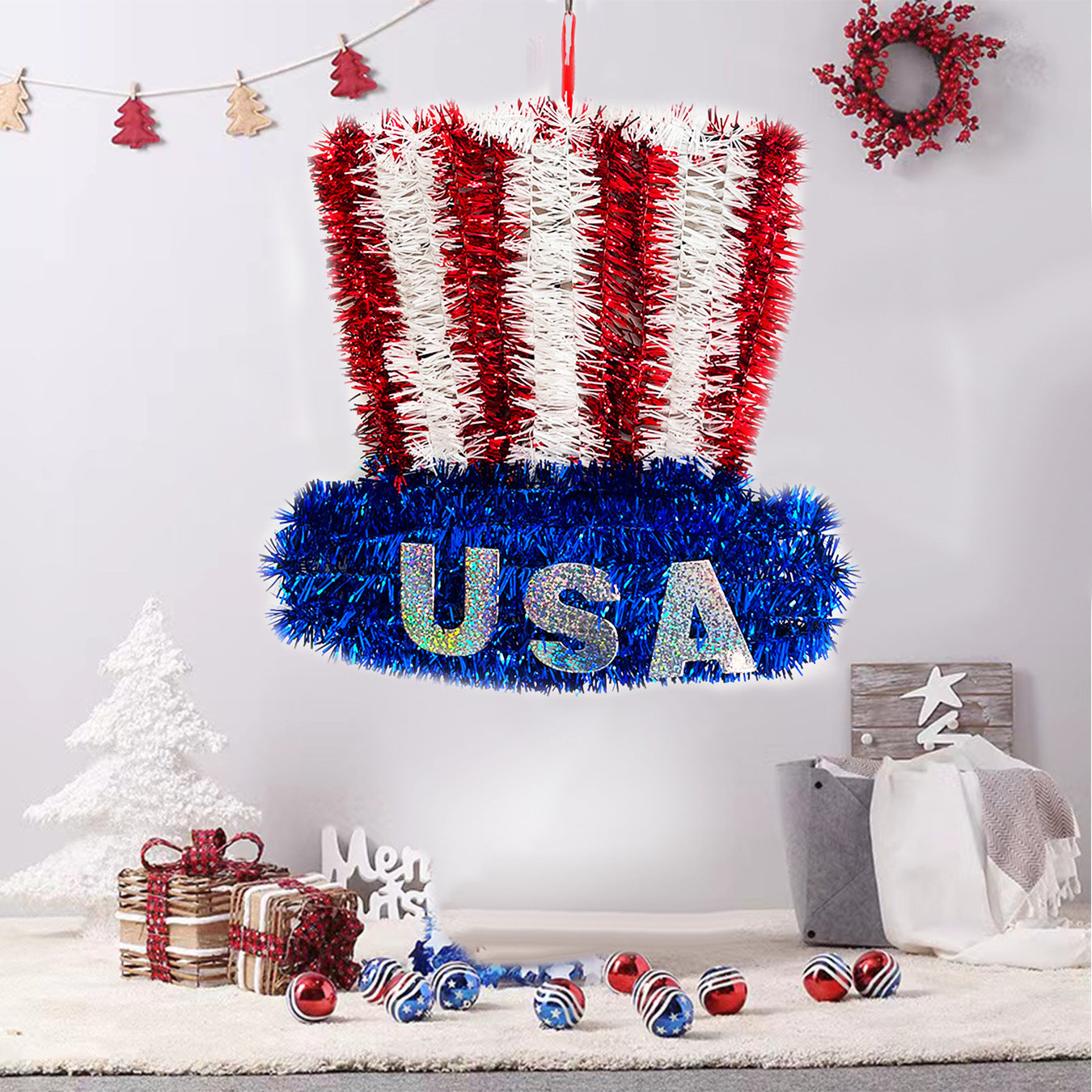  Red, White And Blue Wreath Wall Hanging Decoration Door Hanging, July 4th banners, 4th of July decorations, American flag decorations, Patriotic decorations, Red, white and blue decorations, July 4th wreaths, July 4th garlands, July 4th centerpieces,
