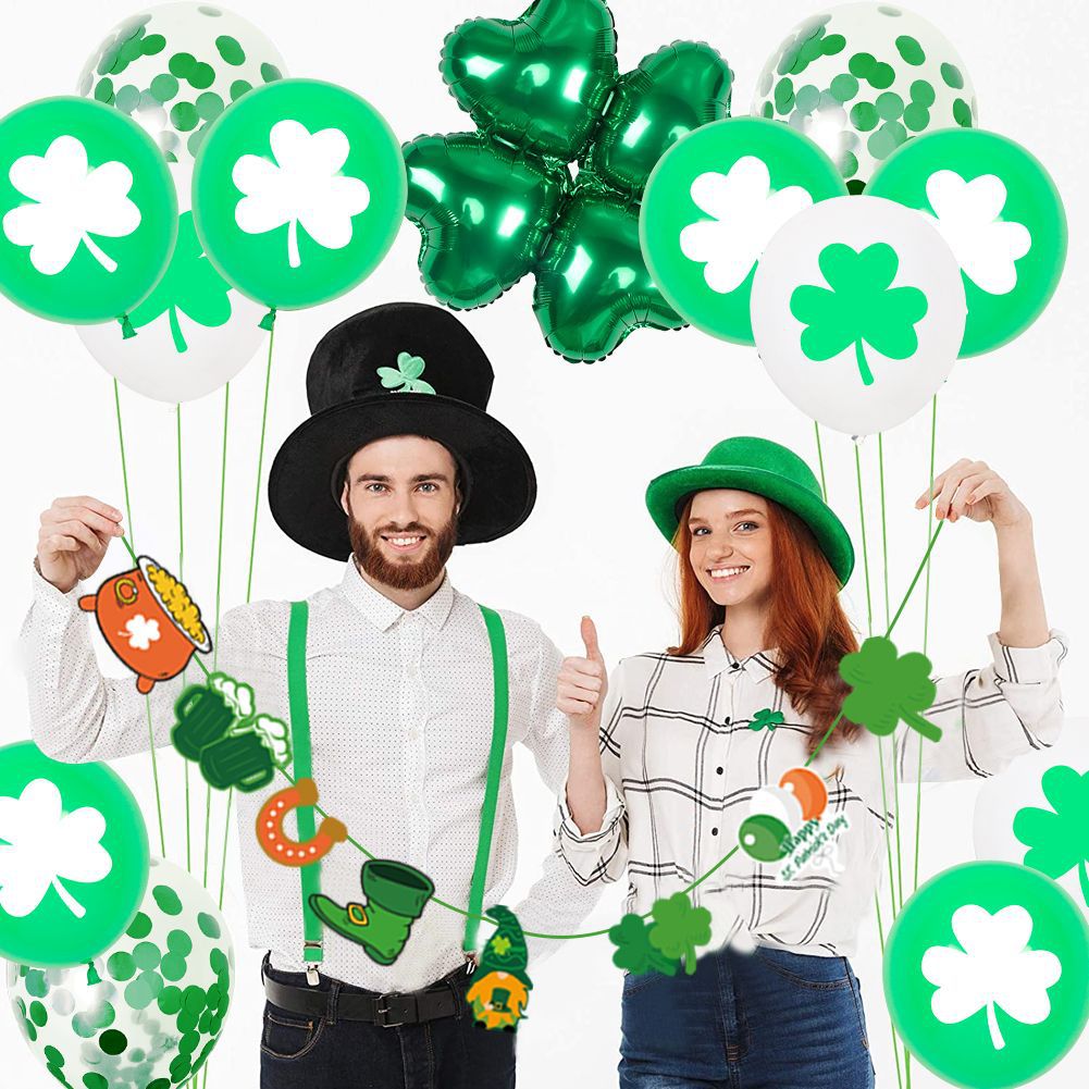 St. Patrick's Day Balloon Party Decoration Supplies, Shamrock garland, Leprechaun hat, Pot of gold, Irish flag bunting, Green clover decorations, Lucky charms decor, St. Patrick's Day banners, Celtic-themed ornaments, Rainbow-inspired decor, Green-themed party supplies, Irish Festival Decoration Items,  St Patricks Day Decoration Items, Decognomes,