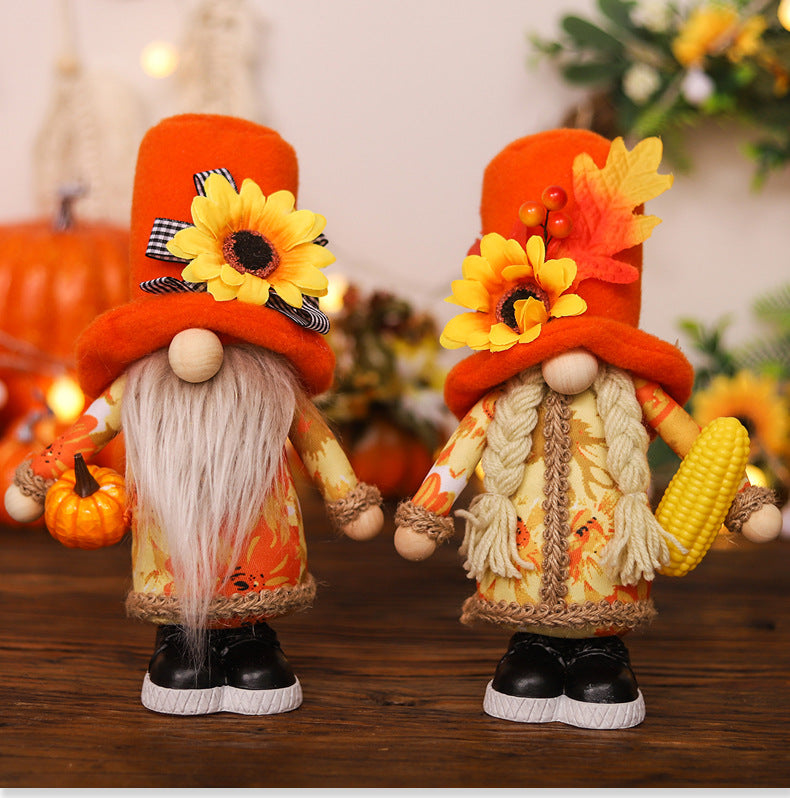 Harvest Season Maple Leaf Couple Decoration Holding Pumpkin Doll