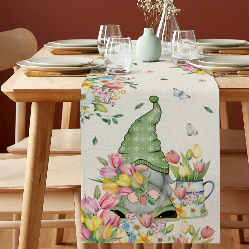 Easter Gnome Table Flag, Luxury Spring Tulip Cotton Linen Table Flag Waterproof And Dirt-resistant, Easter Decoration