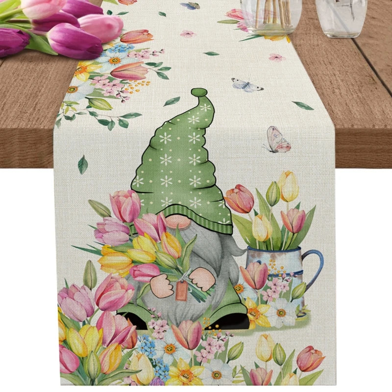 Easter Gnome Table Flag, Luxury Spring Tulip Cotton Linen Table Flag Waterproof And Dirt-resistant, Easter Decoration