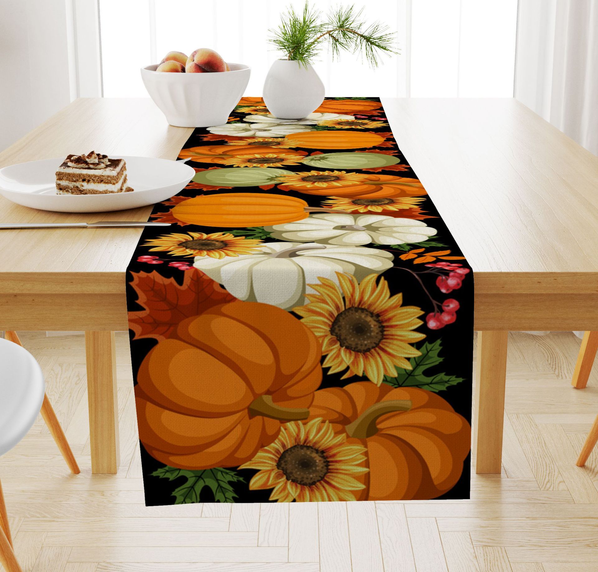 Pumpkin Maple Leaf Printed Linen Table Runner Holiday Decorative Tablecloth