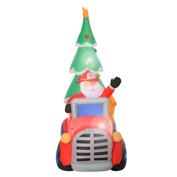 HOMCOM 7.5ft Christmas Inflatable Santa Claus Driving A Fire Truck With Tree, Outdoor Blow-Up Yard Decoration With LED Lights Display