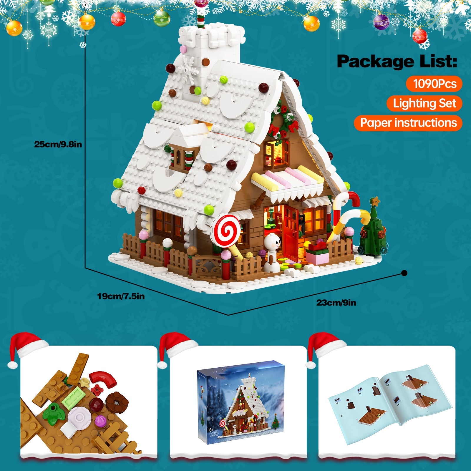 Christmas Gingerbread House Building Block Model, Christmas gingerbread house, holiday ornaments, christmas ornaments, christmas decoration house, Christmas Building block  1090Pcs+ Lighting Set+ Paper instructions