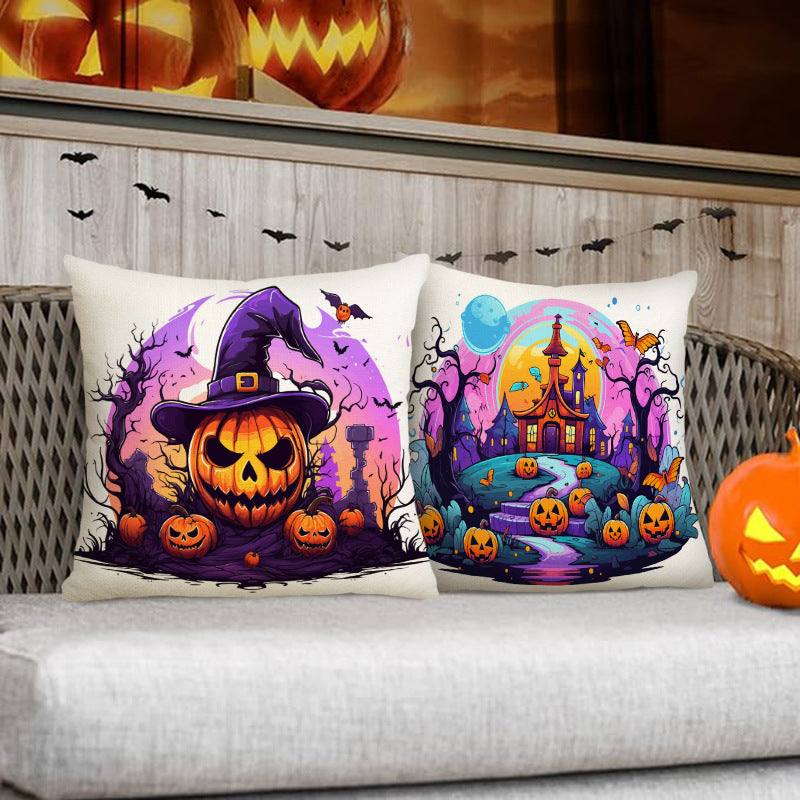 Skull Pumpkin Linen Pillow Cover