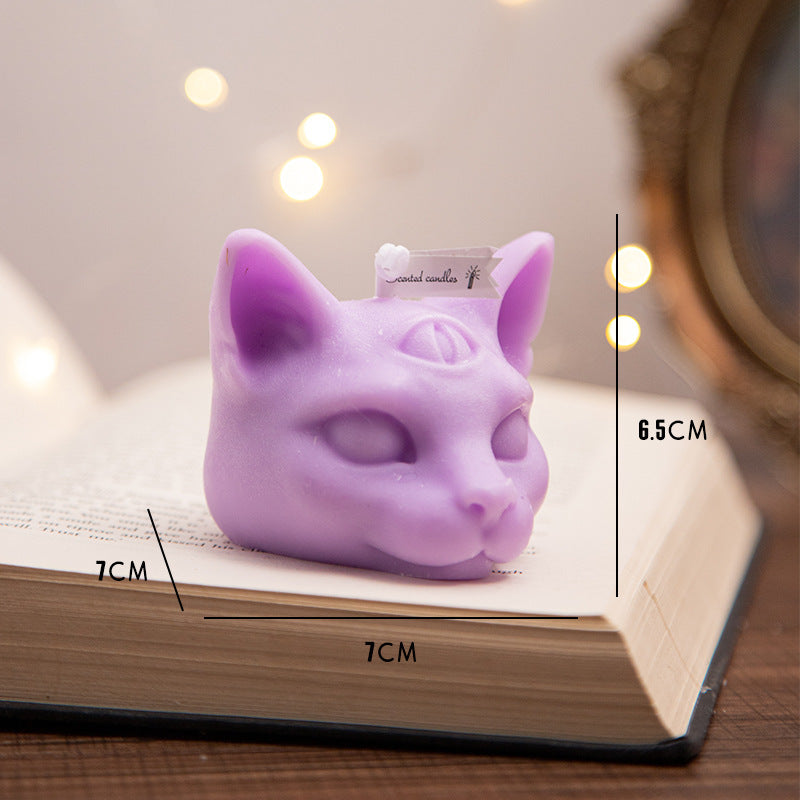 Halloween Three-eye Cat Head Aromatherapy Candle, White (evening Jade), Orange (wilderness ancient flower), dark green (water poplar honey Zhuhai), dark blue (rosemary mint), Purple (lavender), Purple Black (lavender), candles, decognomes