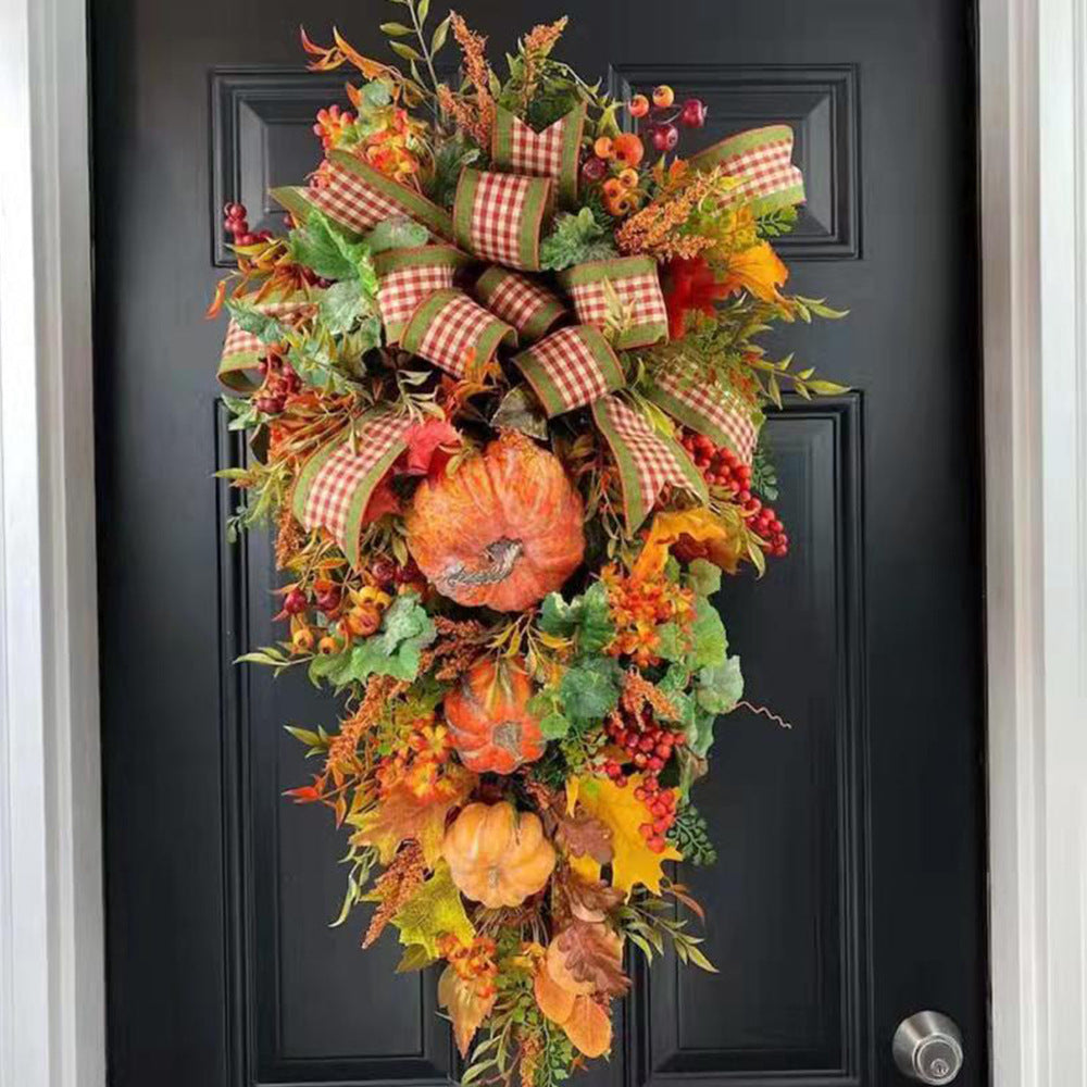 New Christmas Autumn Thanksgiving Wreath Pumpkin Bow Artificial Door Hanging Decoration