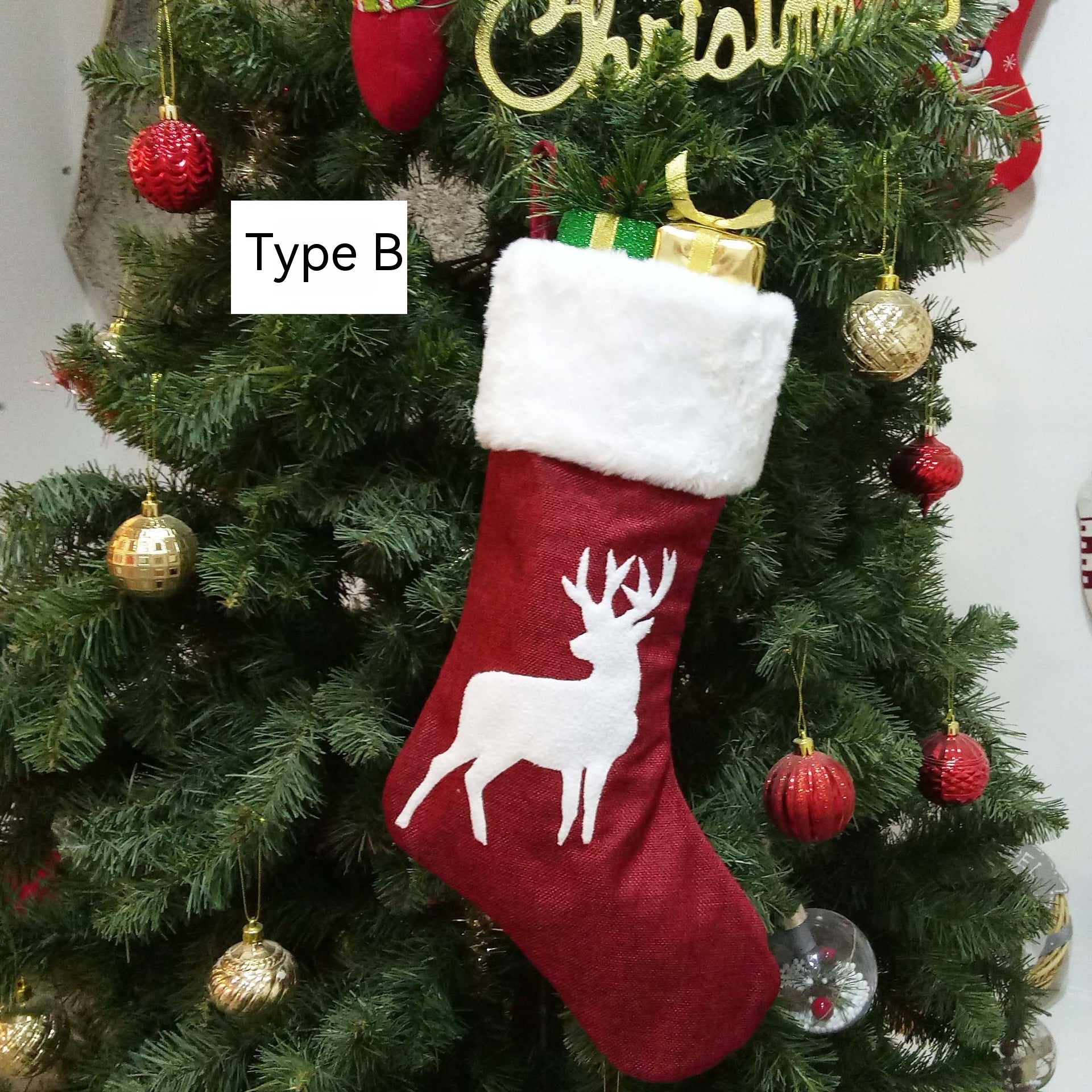 Christmas Stockings Gift Bag Red Hemp Elk Embroidery Christmas Stockings Gift Pendant, christmas stockings, christmas stocking gift bag, 