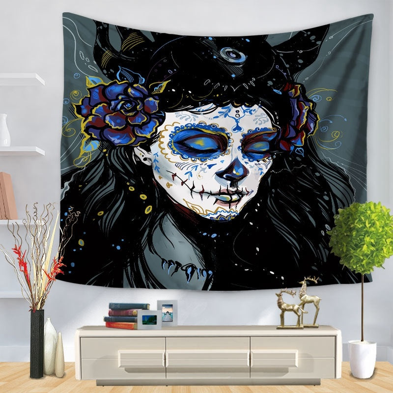 Skull Halloween digital print tapestry hung tablecloth beach towel, Pumpkin lanterns, Jack o Lanterns, Halloween Lights, Halloween Decoration Ornaments, Halloween inflatables, carved pumpkins, Halloween wreaths, Halloween Candles. 