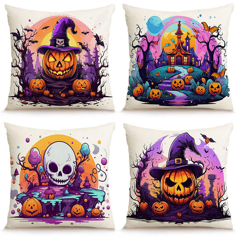 Skull Pumpkin Linen Pillow Cover