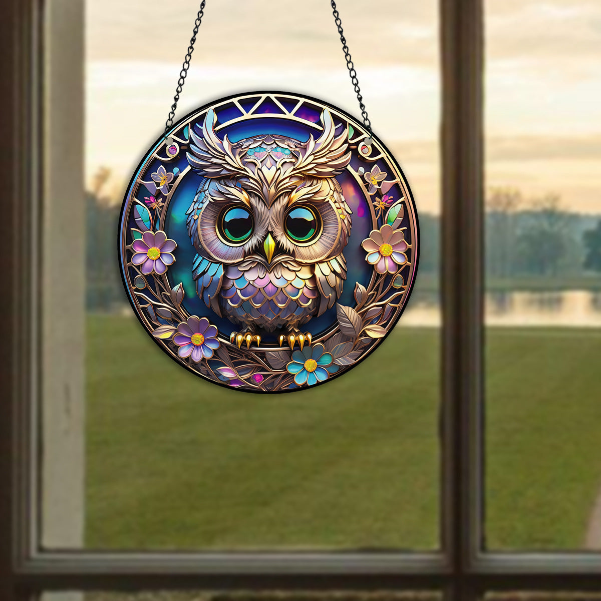 Halloween Owl Round Acrylic Painted Tracery Pendant