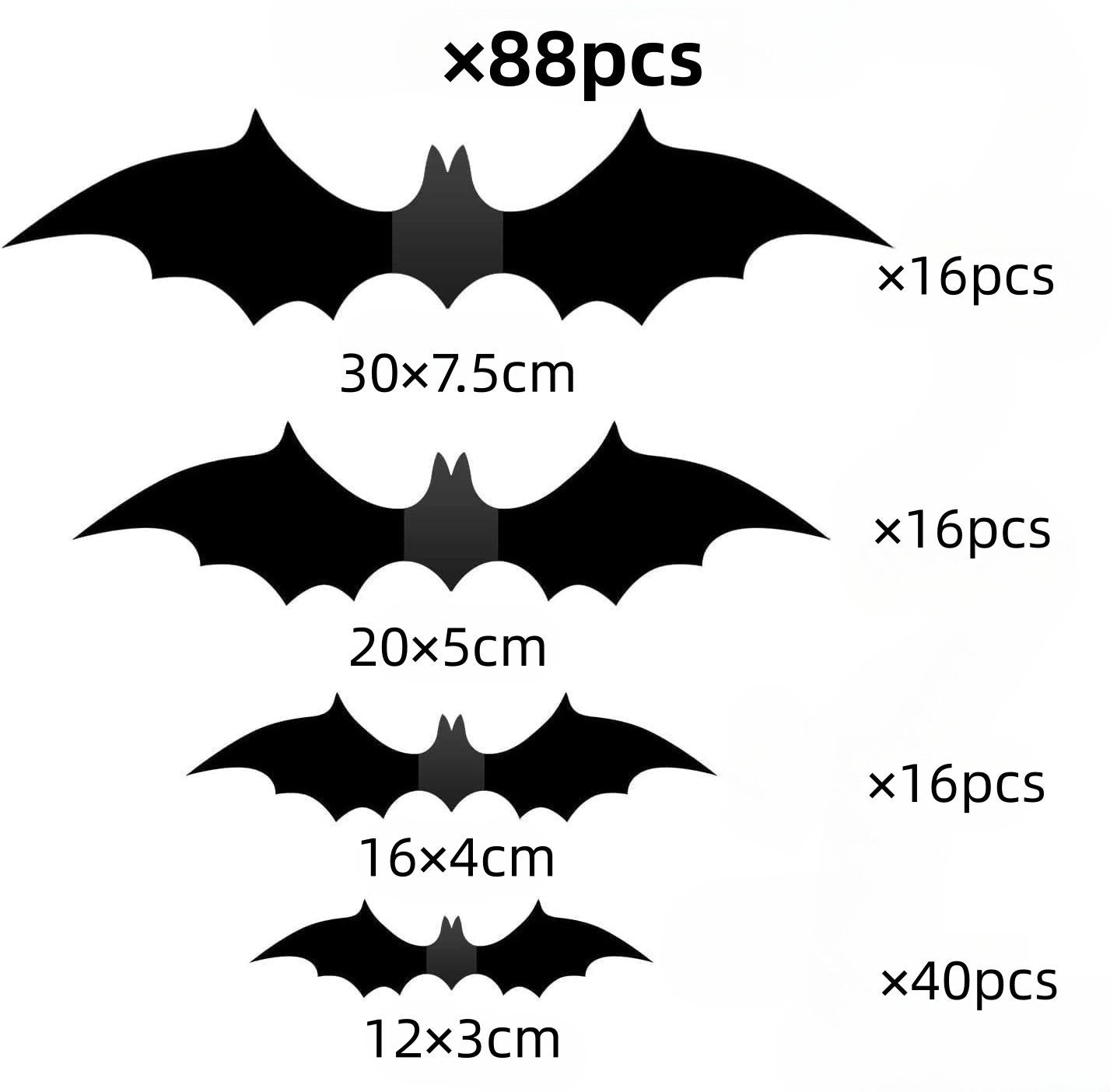 3D Bat Wall Decoration 88 Pieces DIY Bat Halloween Decoration Stickers, Pumpkin lanterns, Jack o Lanterns, Halloween Lights, Halloween Decoration Ornaments, Halloween inflatables, carved pumpkins, Halloween wreaths, Halloween Candles, and animatronics Halloween.
