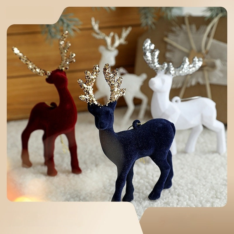 Christmas Red Flocking Elk Pendant White Glitter Cake Ornaments Decorations