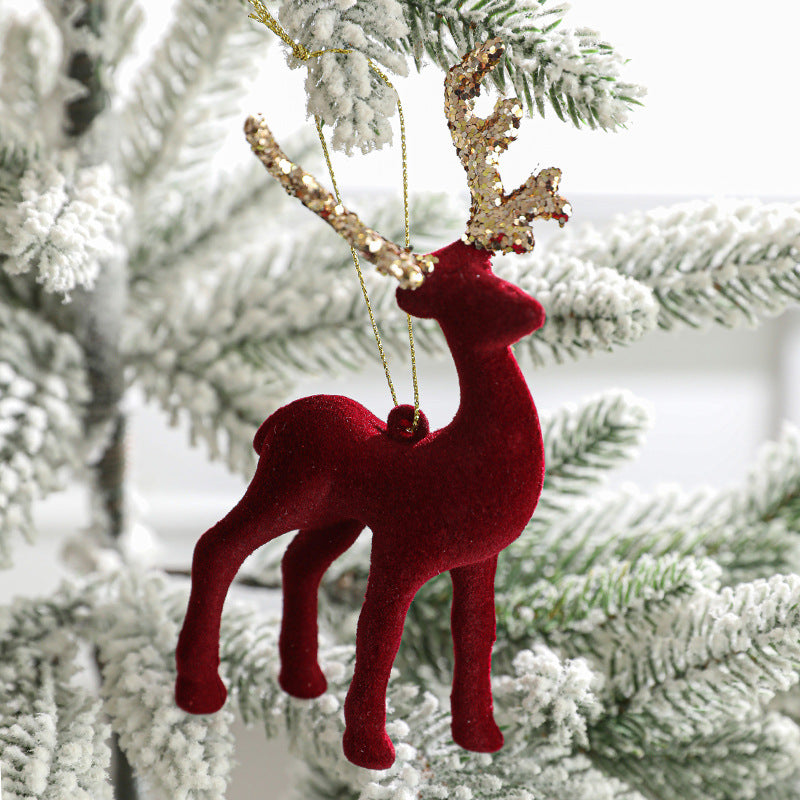 Christmas Red Flocking Elk Pendant White Glitter Cake Ornaments Decorations