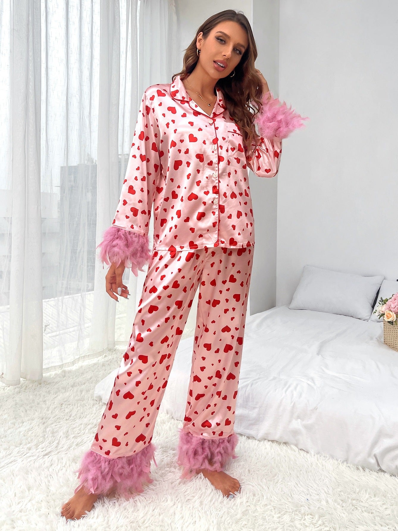 Women's Clothing Valentine's Day Sweet Loving Heart Printed Casual Suit Pajamas, Valentine's Day decor, Romantic home accents, Heart-themed decorations, Cupid-inspired ornaments, Love-themed party supplies, Red and pink decor, Valentine's Day table settings, Romantic ambiance accessories, Heart-shaped embellishments, Valentine's Day home embellishments