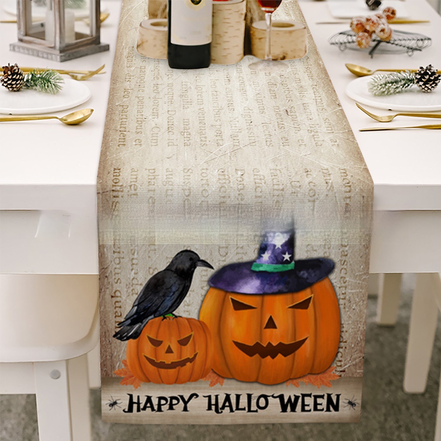 Cross-border Halloween Table Runner Cotton Linen Tablecloth Striped Printed Insulated Pumpkin Castle Decoration, Pumpkin lanterns, Jack o Lanterns, Halloween Lights, Halloween Decoration Ornaments, Halloween inflatables, carved pumpkins, Halloween wreaths, Halloween Candles, and animatronics Halloween.