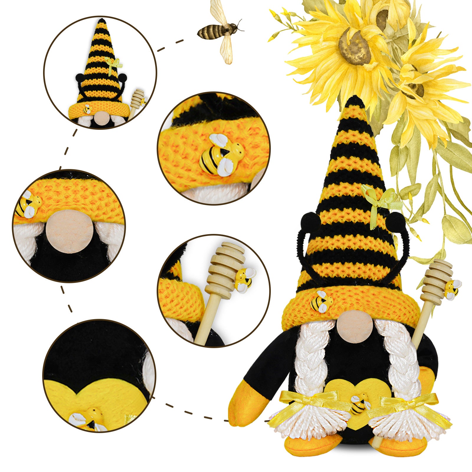 Bee Festival Faceless Rudolf Knitted Bee Old Man Festival Sun-facing Figurine Doll Decoration, Bee gnomes, Beekeeper gnomes, Honey gnomes, Bumblebee gnomes, Beehive gnomes, Pollen gnomes, Garden gnomes, Spring gnomes, Flower gnomes, Nature gnomes, Decorative gnomes, Rustic gnomes, Festive gnomes, Yellow and black gnomes, Bee-friendly gnomes, Happy bees gnomes,