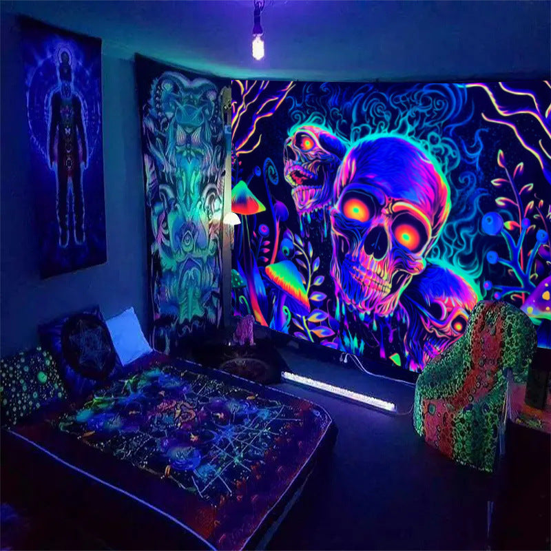 Fluorescent Skull Tapestry UV Black Light Background Fabric, Halloween decorations items, Halloween costumes, Halloween masks, Halloween props, Halloween animatronics, Halloween inflatables, Halloween lights, Halloween fog machines, Halloween spider webs, Halloween lanterns, Halloween banners, Halloween streamers, Halloween tableware, Halloween centerpieces, Halloween party favors, Halloween yard stakes, Halloween tombstones, Halloween candles, Halloween wreaths, Halloween garlands
