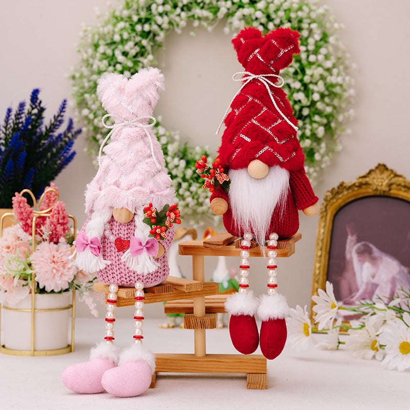 Decorative Sequins Plush Bonnet Valentine's Day Gift Dwarf Doll Pearl Hanging Leg Doll