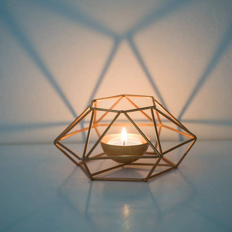 Simple geometric wrought iron golden candle holder