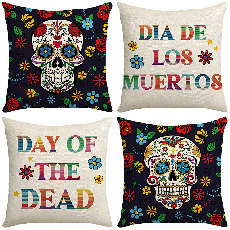 Cross-border Halloween Pillow Cover Skull Letter Linen Cushion Cover Living Room Sofa Holiday Party, Pumpkin lanterns, Jack o Lanterns, Halloween Lights, Halloween Decoration Ornaments, Halloween inflatables, carved pumpkins, Halloween wreaths, Halloween Candles, and animatronics Halloween.
