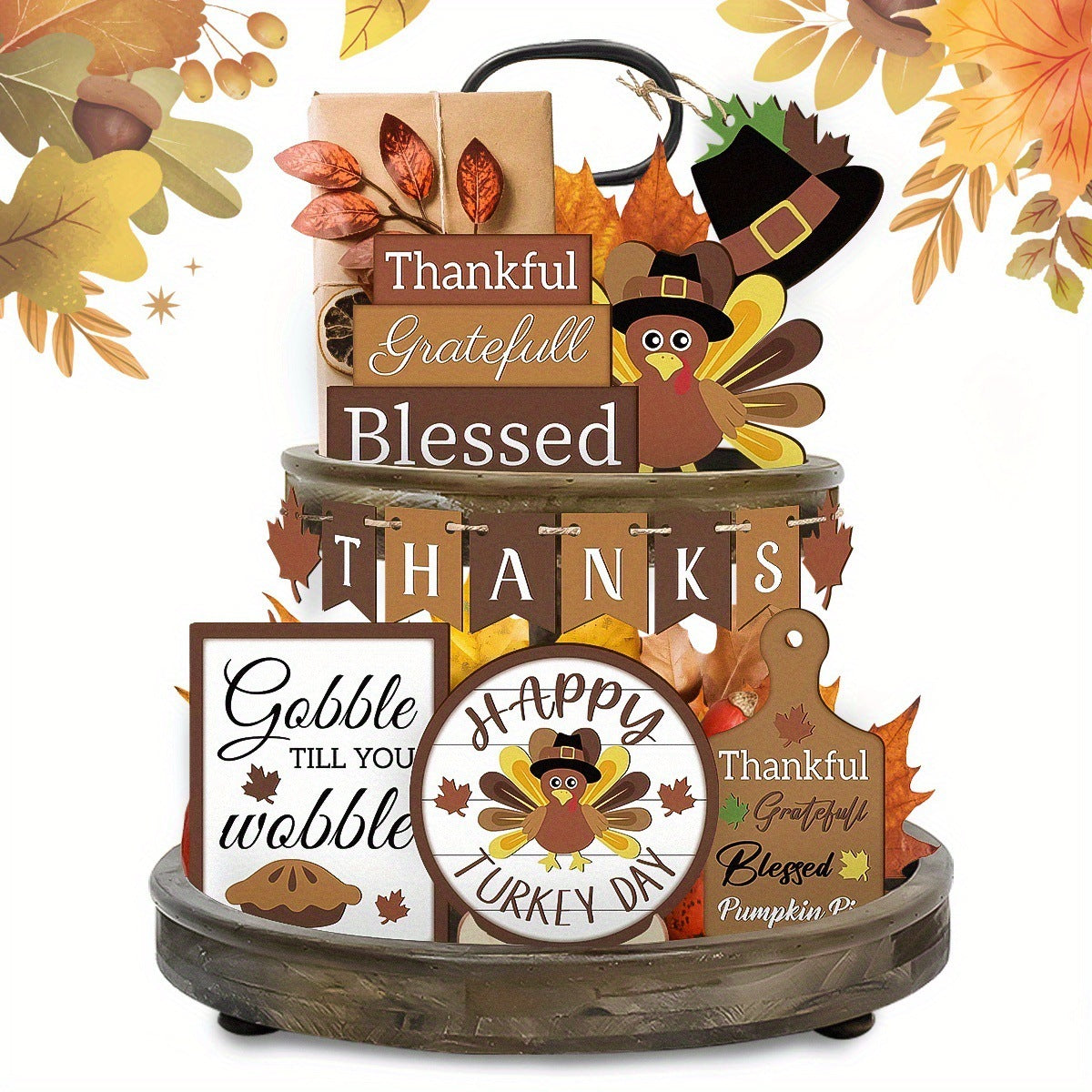 14-piece Wooden Layered Tray Decorative Sign,  Harvest decorations, Fall wreaths, Fall garlands, Fall centerpieces, Cornucopia decorations, Pumpkins decorations, Gourds decorations, Scarecrow decorations, Hay bales decorations, Leaves decorations, Acorns decorations, Apples decorations, Harvest table runners, Harvest tablecloths, Fall lights, Fall candleholders, Fall wall art, Fall throw pillows, Fall home decor, Fall seasonal items,
