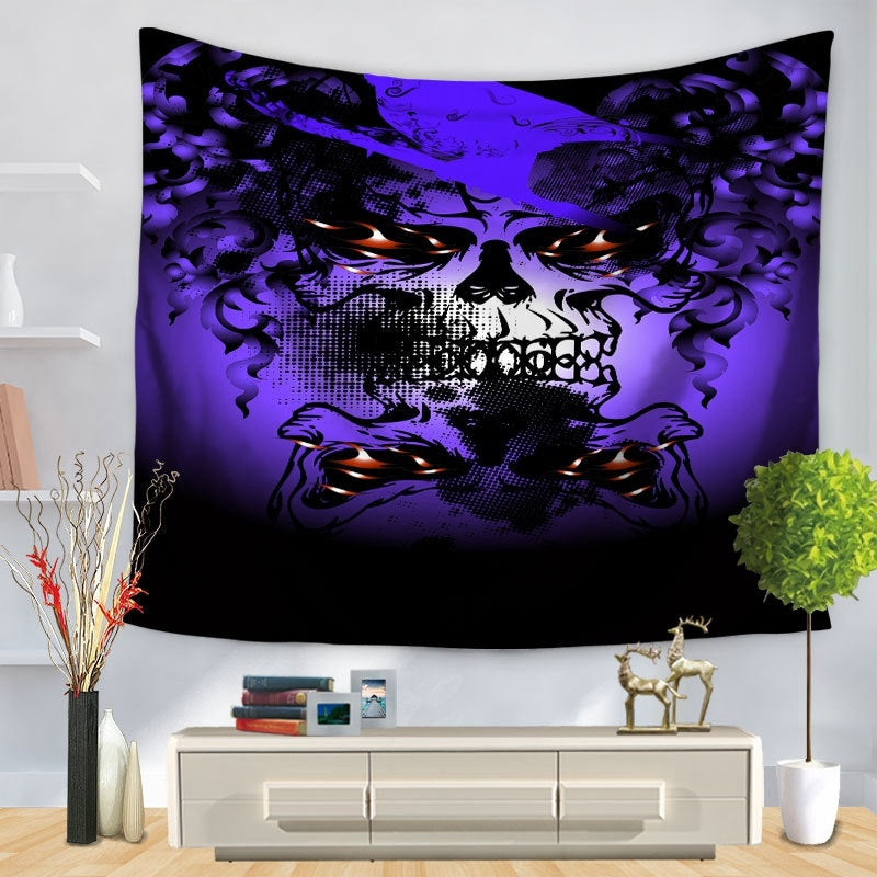 Skull Halloween digital print tapestry hung tablecloth beach towel, Pumpkin lanterns, Jack o Lanterns, Halloween Lights, Halloween Decoration Ornaments, Halloween inflatables, carved pumpkins, Halloween wreaths, Halloween Candles. 