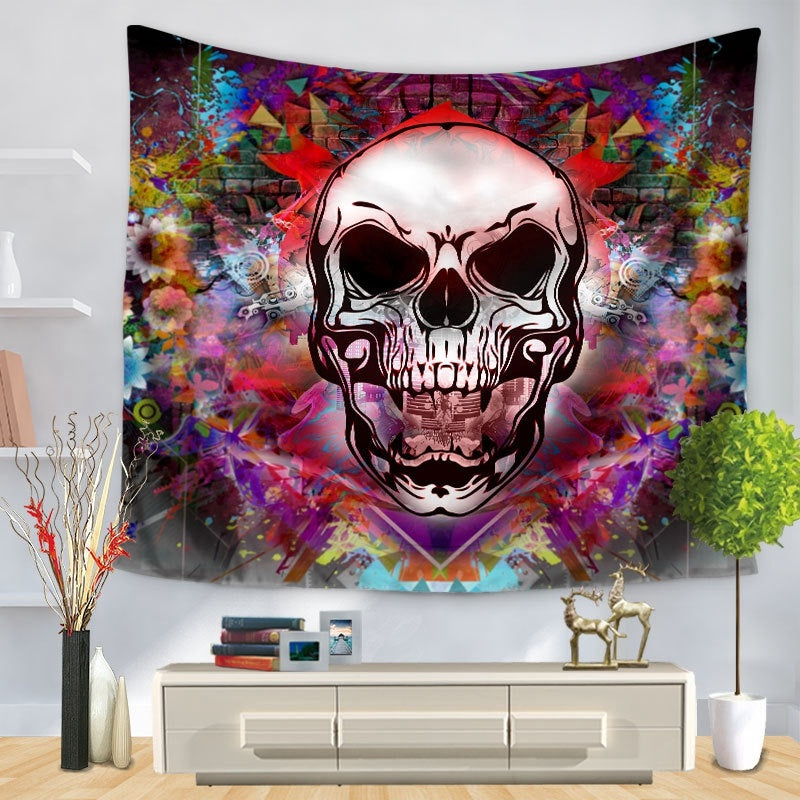 Skull Halloween digital print tapestry hung tablecloth beach towel, Pumpkin lanterns, Jack o Lanterns, Halloween Lights, Halloween Decoration Ornaments, Halloween inflatables, carved pumpkins, Halloween wreaths, Halloween Candles. 