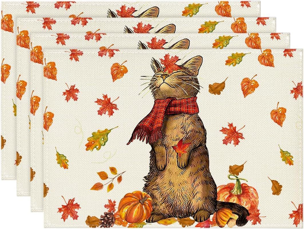 Autumn Pumpkin Maple Leaf Printing Polyester Tableware Mat, Pumpkin lanterns, Jack o Lanterns, Halloween Lights, Halloween Decoration Ornaments, Halloween inflatables, carved pumpkins, Halloween wreaths, Halloween Candles.