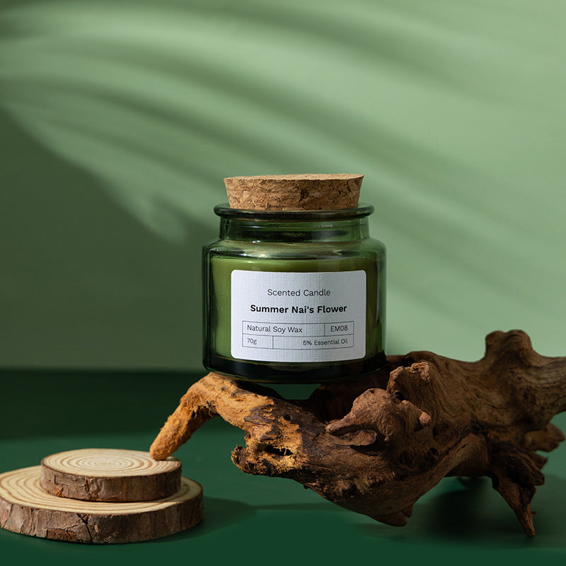 Wood Stoppered Green Glass Soy Wax Scented Candle