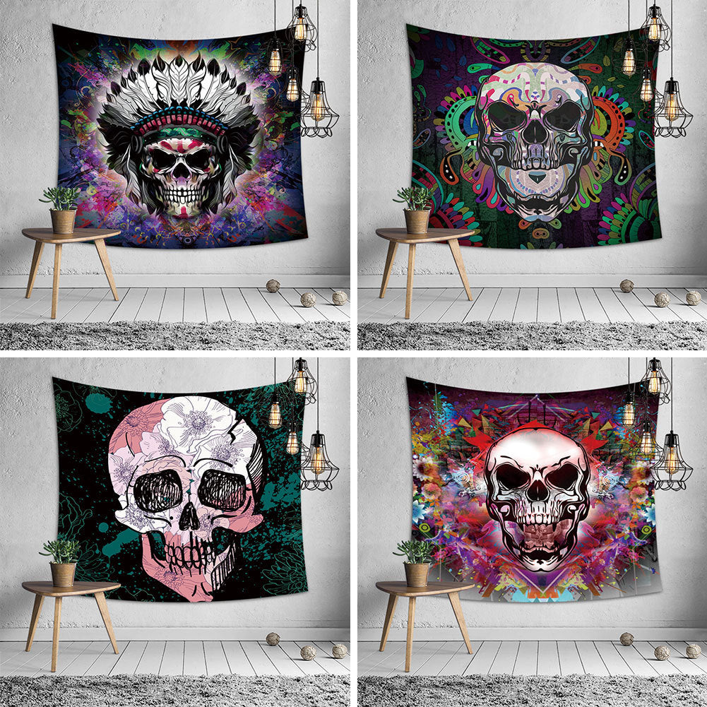 Skull Halloween digital print tapestry hung tablecloth beach towel, Pumpkin lanterns, Jack o Lanterns, Halloween Lights, Halloween Decoration Ornaments, Halloween inflatables, carved pumpkins, Halloween wreaths, Halloween Candles. 