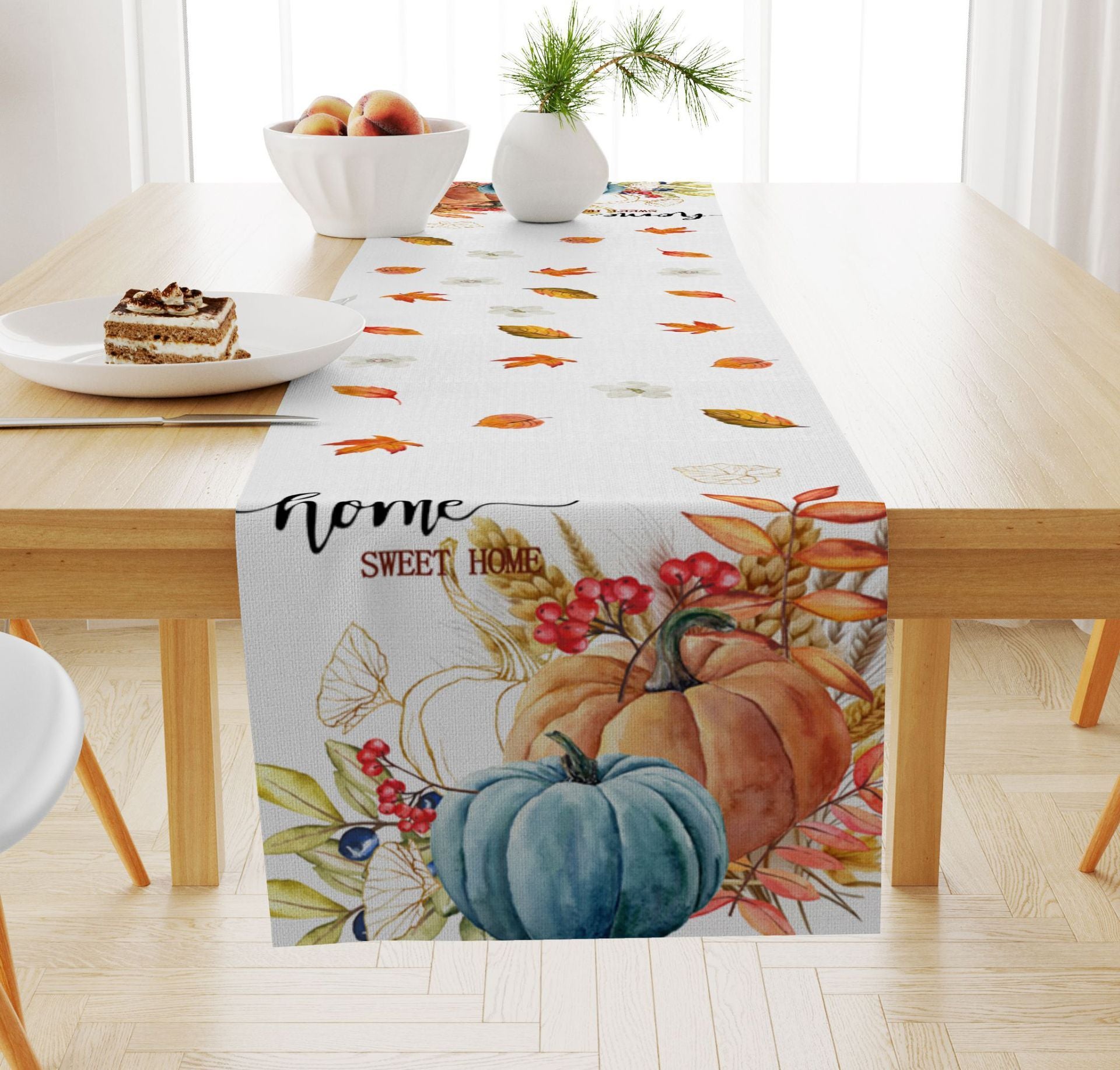 Pumpkin Maple Leaf Printed Linen Table Runner Holiday Decorative Tablecloth