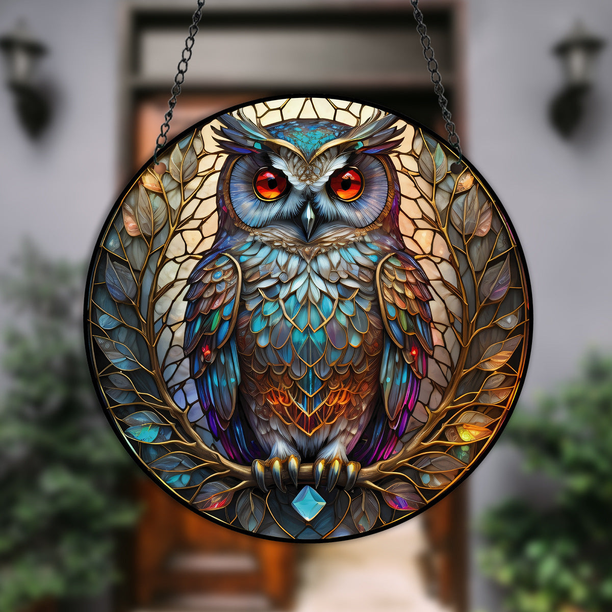 Halloween Owl Round Acrylic Painted Tracery Pendant