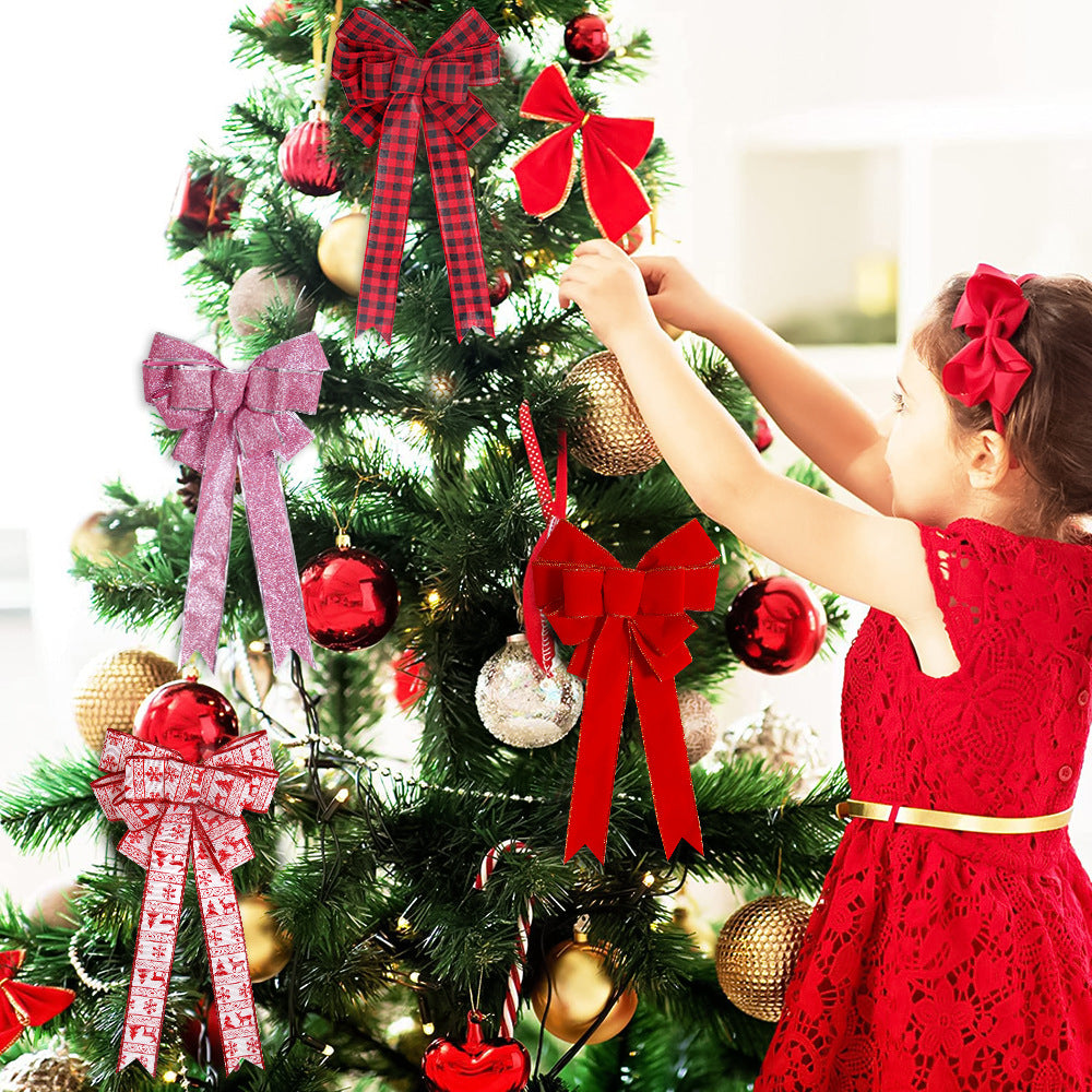 New Christmas Bowknot Hanging Decoration Party Atmosphere Layout Props, red and black plaid bow, red flocking bow, glitter powder bow, Elk Christmas tree bow