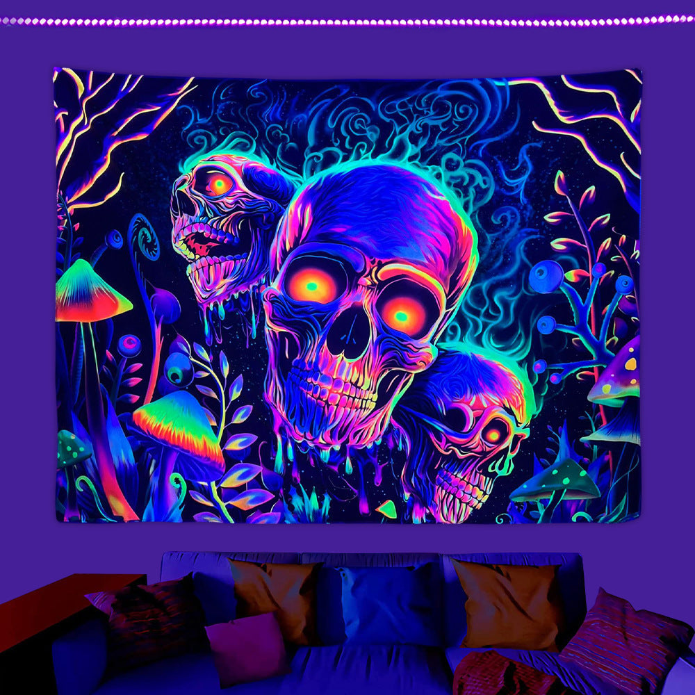 Fluorescent Skull Tapestry UV Black Light Background Fabric, Halloween decorations items, Halloween costumes, Halloween masks, Halloween props, Halloween animatronics, Halloween inflatables, Halloween lights, Halloween fog machines, Halloween spider webs, Halloween lanterns, Halloween banners, Halloween streamers, Halloween tableware, Halloween centerpieces, Halloween party favors, Halloween yard stakes, Halloween tombstones, Halloween candles, Halloween wreaths, Halloween garlands
