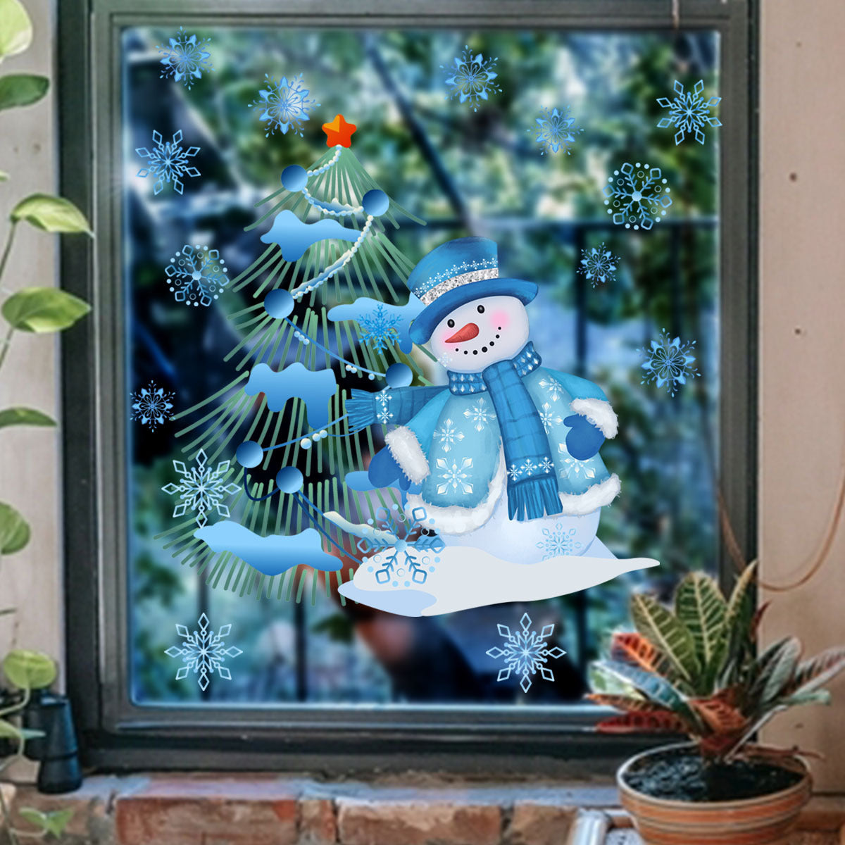 Christmas Double-sided Visible Blue Snowman Christmas Tree Wall Sticker