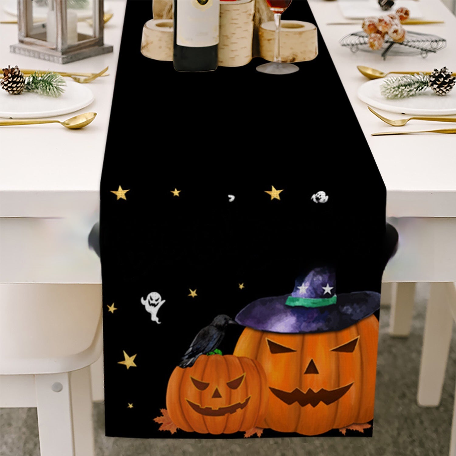 Cross-border Halloween Table Runner Cotton Linen Tablecloth Striped Printed Insulated Pumpkin Castle Decoration, Pumpkin lanterns, Jack o Lanterns, Halloween Lights, Halloween Decoration Ornaments, Halloween inflatables, carved pumpkins, Halloween wreaths, Halloween Candles, and animatronics Halloween.