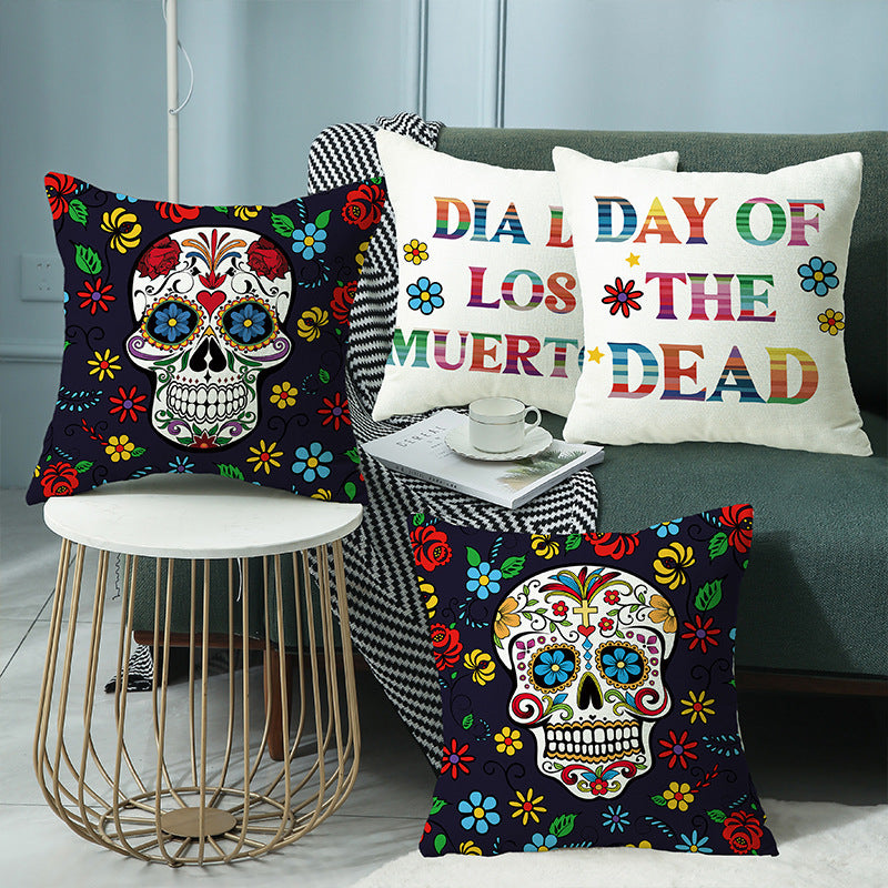 Cross-border Halloween Pillow Cover Skull Letter Linen Cushion Cover Living Room Sofa Holiday Party, Pumpkin lanterns, Jack o Lanterns, Halloween Lights, Halloween Decoration Ornaments, Halloween inflatables, carved pumpkins, Halloween wreaths, Halloween Candles, and animatronics Halloween.
