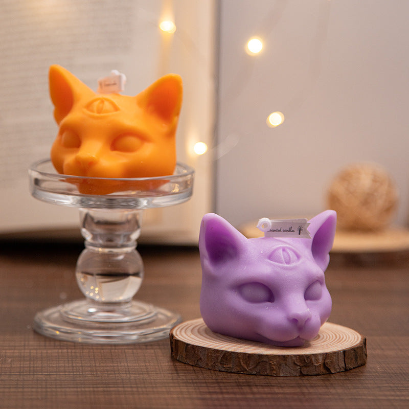 Halloween Three-eye Cat Head Aromatherapy Candle, White (evening Jade), Orange (wilderness ancient flower), dark green (water poplar honey Zhuhai), dark blue (rosemary mint), Purple (lavender), Purple Black (lavender), candles, decognomes