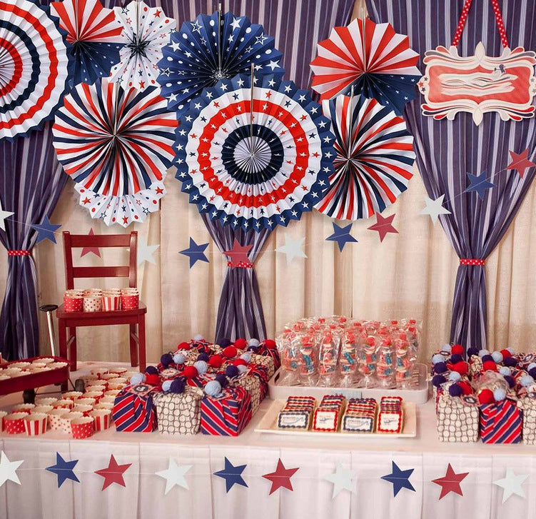 Red, White And Blue Hanging Paper Fan Party Supplies Background Wall Decoration, 4th of July decorations, American flag decorations, Patriotic decorations, Red, white and blue decorations, July 4th wreaths, July 4th garlands, July 4th centerpieces, Fireworks decorations, July 4th banners, July 4th streamers, July 4th balloons, July 4th table runners, July 4th tablecloths, July 4th lights, July 4th outdoor decorations, Patriotic yard stakes, Patriotic inflatables, Patriotic door wreaths, Patriotic bunting, 