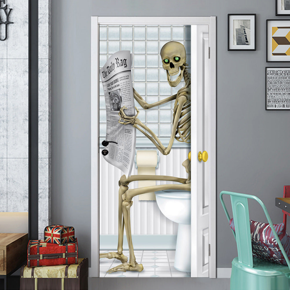 Halloween Skull Newspaper Reading 3D Door Sticker, Pumpkin lanterns, Jack o Lanterns, Halloween Lights, Halloween Decoration Ornaments, Halloween inflatables, carved pumpkins, Halloween wreaths, Halloween Candles, and animatronics Halloween.
