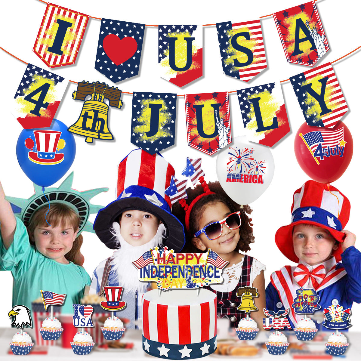 Independence Day Theme Party Decoration Supplies, 4th of July decorations, American flag decorations, Patriotic decorations, Red, white and blue decorations, July 4th wreaths, July 4th garlands, July 4th centerpieces, Fireworks decorations, July 4th banners, July 4th streamers, July 4th balloons, July 4th table runners, July 4th tablecloths, July 4th lights, July 4th outdoor decorations, Patriotic yard stakes, 