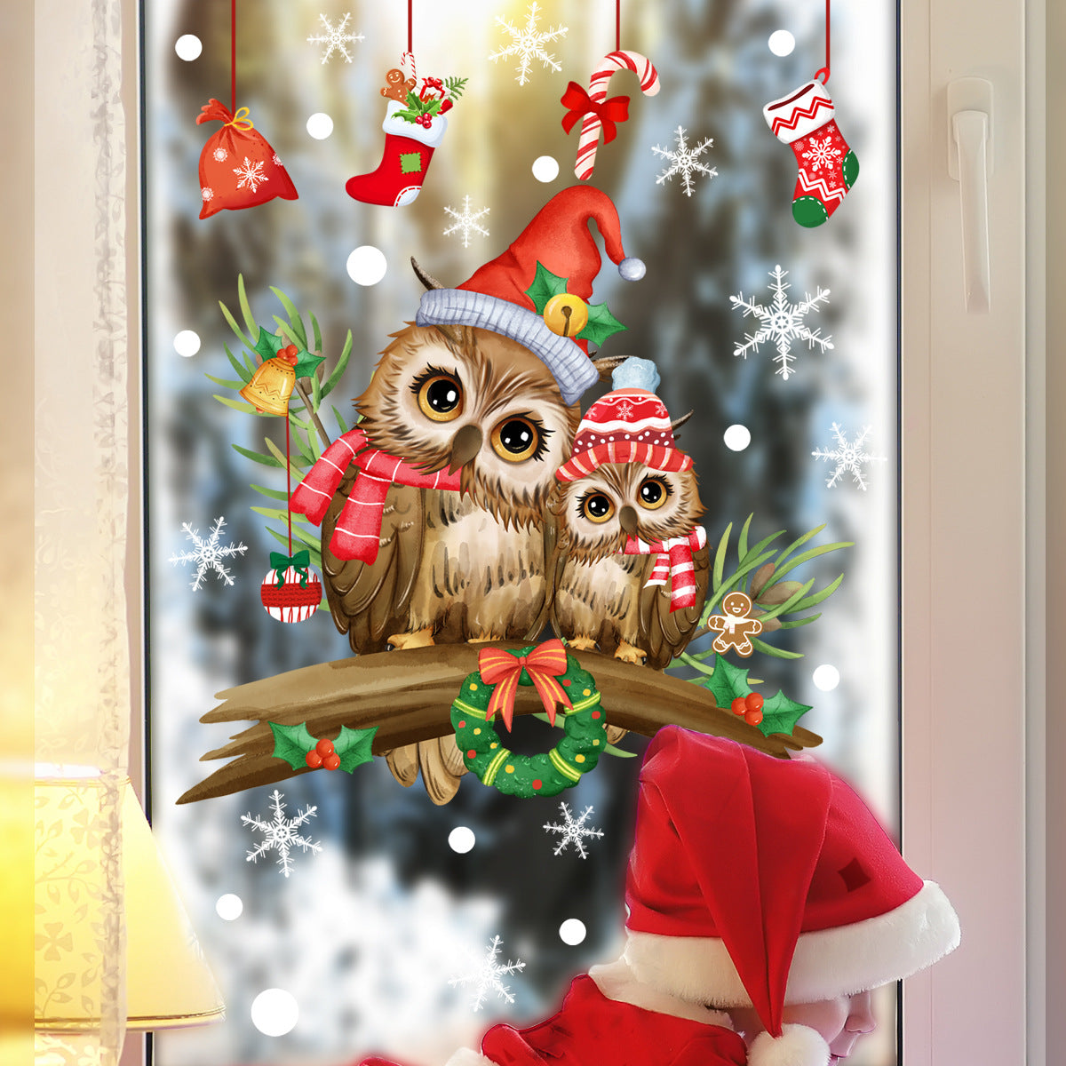 Christmas Tree Branches Cartoon Owl Glass Paster