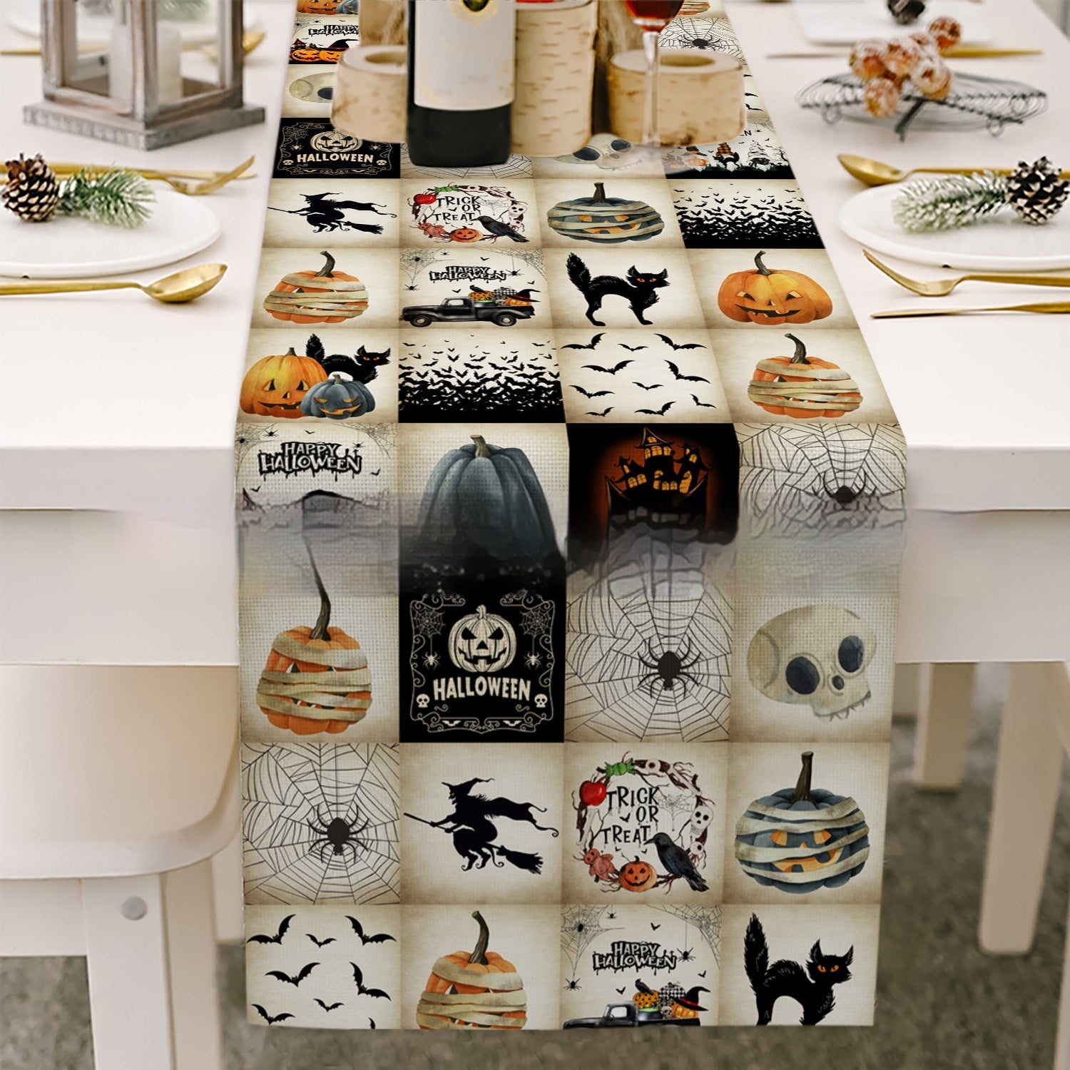 Cross-border Halloween Table Runner Cotton Linen Tablecloth Striped Printed Insulated Pumpkin Castle Decoration, Pumpkin lanterns, Jack o Lanterns, Halloween Lights, Halloween Decoration Ornaments, Halloween inflatables, carved pumpkins, Halloween wreaths, Halloween Candles, and animatronics Halloween.