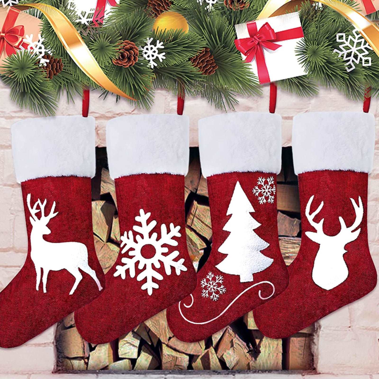 4 Pack 18 inch Christmas Decoration Stockings, Outdoor and Indoor Christmas decorations Items, Christmas ornaments, Christmas tree decorations, salt dough ornaments, Christmas window decorations, cheap Christmas decorations, snowmen, and ornaments.