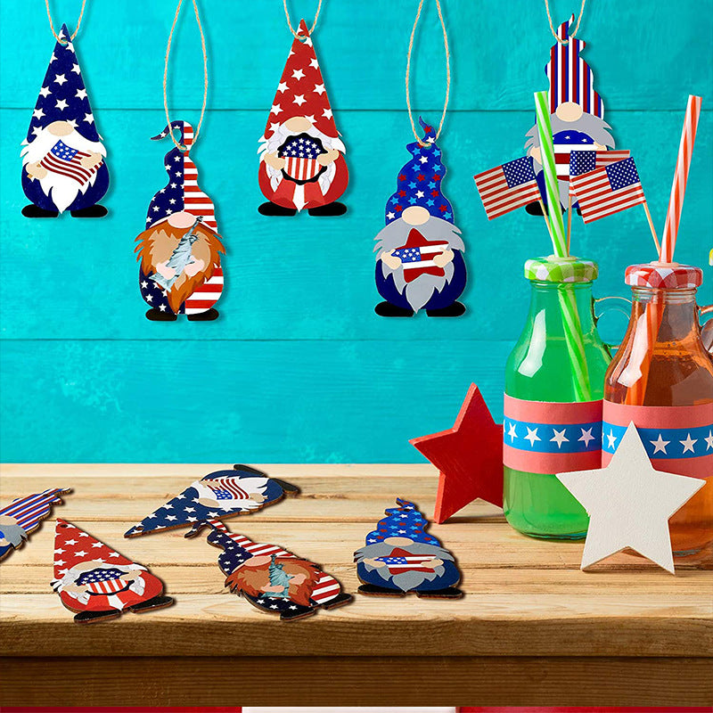 4th July gnomes, Independence Day gnomes, Patriotic gnomes, American flag gnomes, Uncle Sam gnomes, Fireworks gnomes, Red, white, and blue gnomes, Bald eagle gnomes, Liberty bell gnomes, Stars and stripes gnomes, Statue of Liberty gnomes, Patriotic decorations, Happy Independence Day gnomes, 4th of july wooden pendant for window decoration