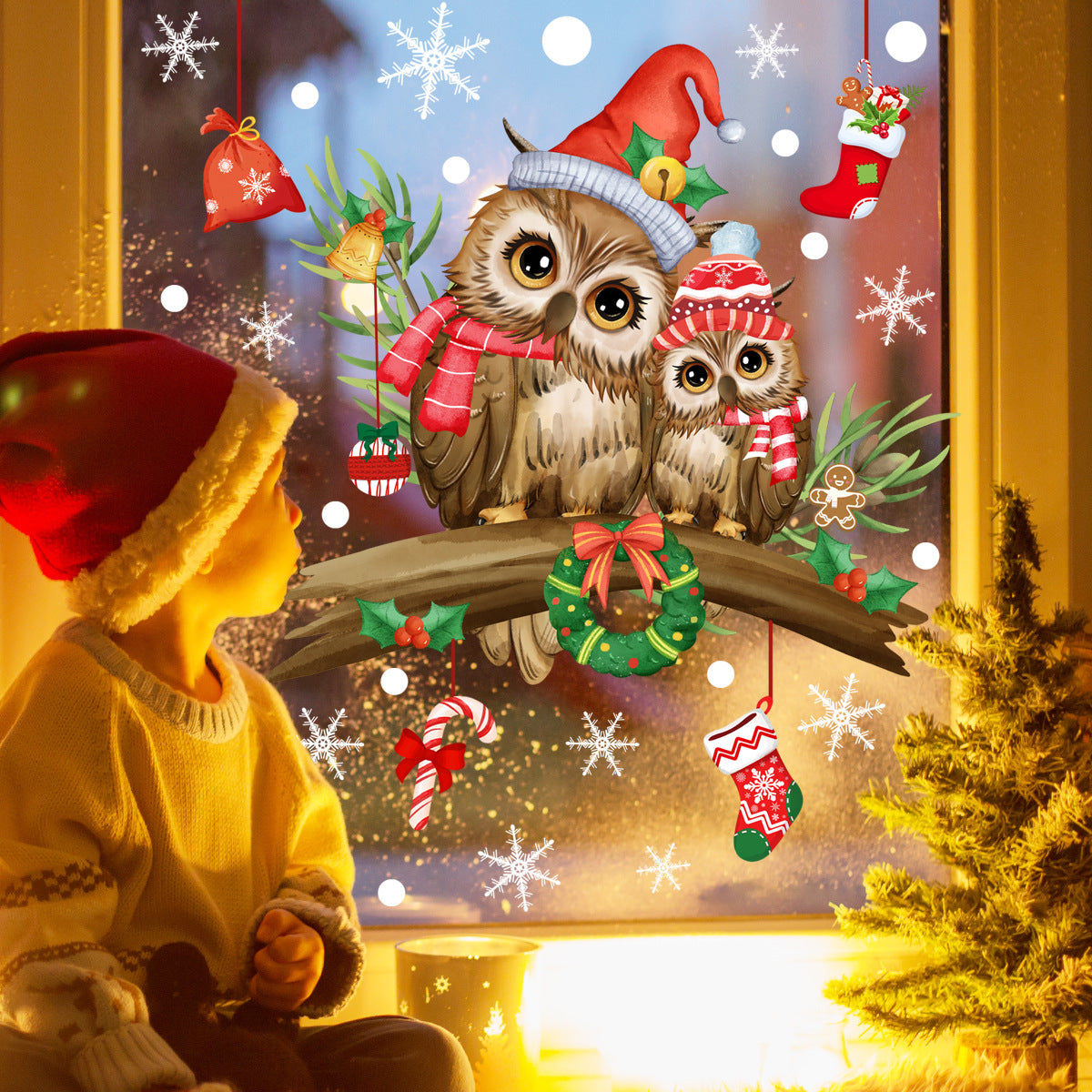 Christmas Tree Branches Cartoon Owl Glass Paster